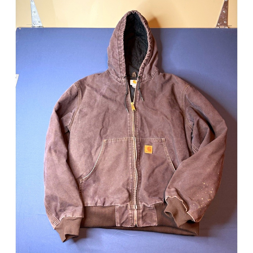 Carhartt J130 DKB Active Jacket Large Dark Brown Faded Quilted Hooded Workwear